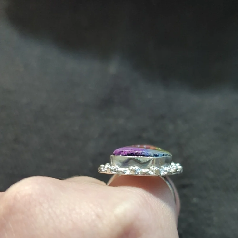 Silver Plated Rainbow Solar Quartz Druzy Gemstone Statement Ring - Size 8.5 - Picture 2 of 9